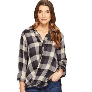 New Blank NYC Plaid Drape Front Faux Wrap Flannel Button Front Shirt Small